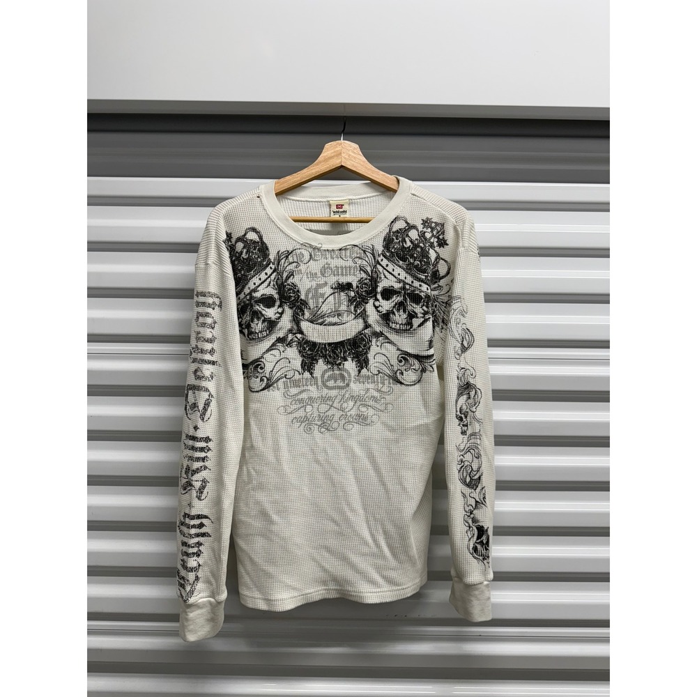 Ecko Unltd Mens Thermal Shirt Small White Waffle Skull Graphic Y2K Streetwear